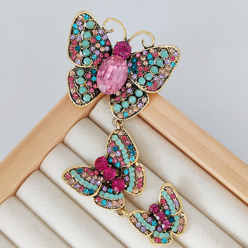 BROCHE PAPILLONS ÉMAILLÉS TRIO RÉTRO STRASS ÉLÉGANCE