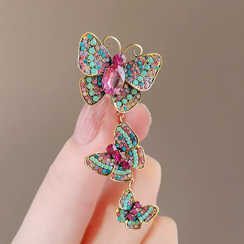 BROCHE PAPILLONS ÉMAILLÉS TRIO RÉTRO STRASS ÉLÉGANCE