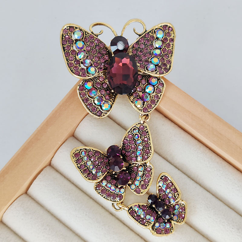 BROCHE PAPILLONS ÉMAILLÉS TRIO RÉTRO STRASS ÉLÉGANCE