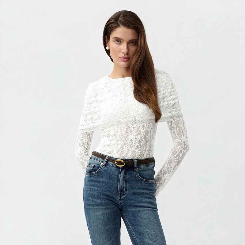 Top en Dentelle Transparente avec Boléro Drapé Intégré