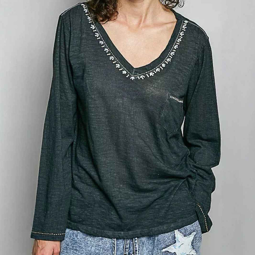 Vintage V-neck Distressed Long-sleeve Top