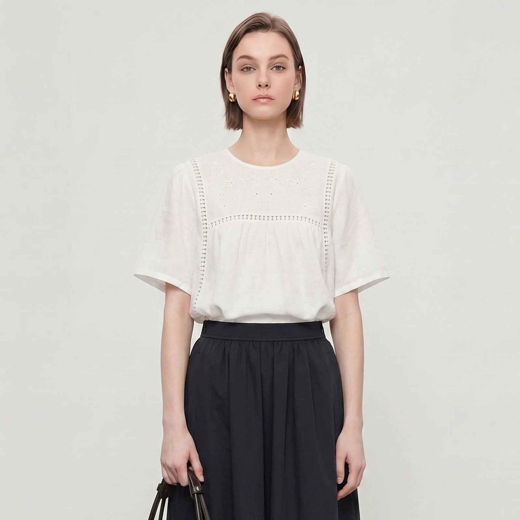 Embroidered Hollow-Out Linen Shirt For Women