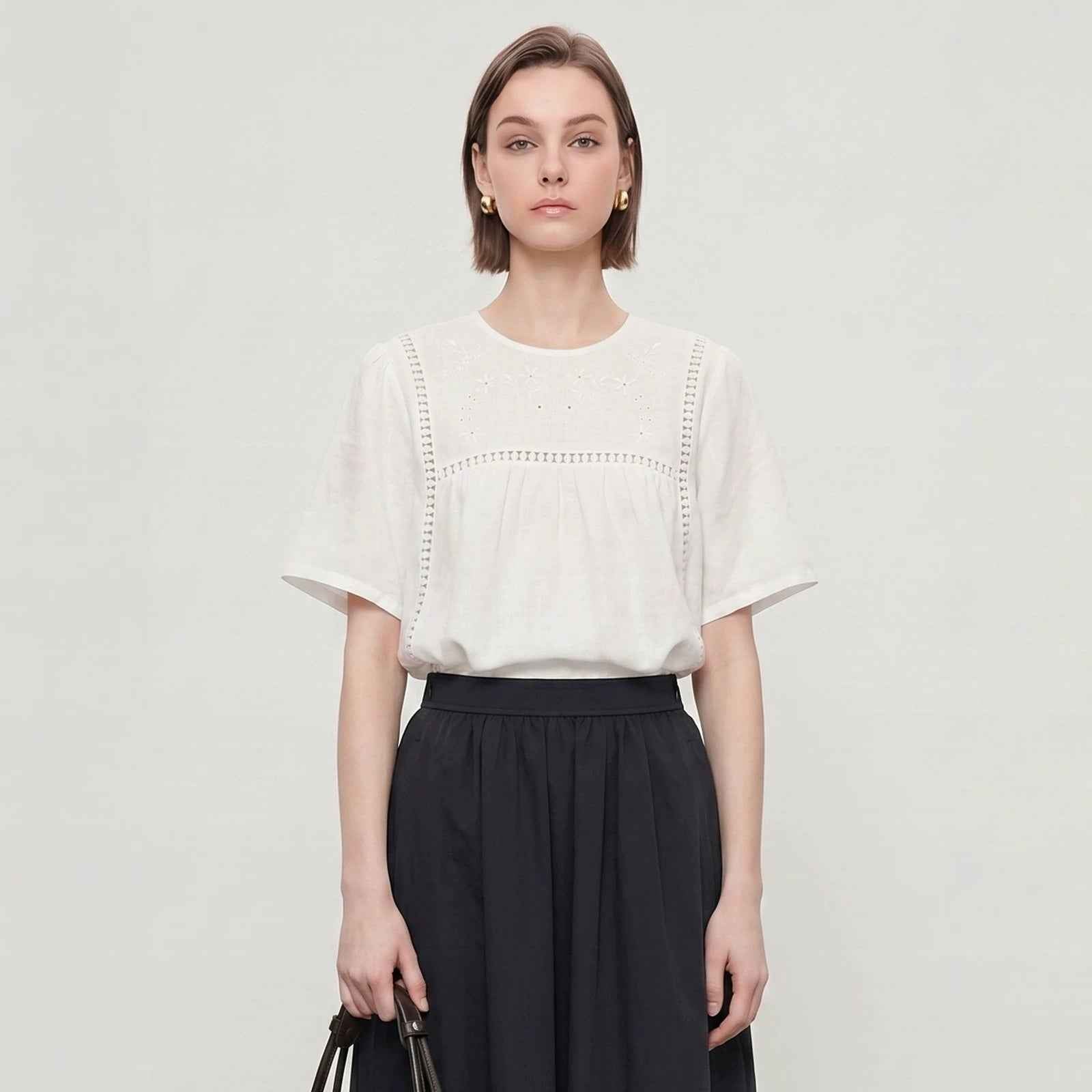 Embroidered Hollow-Out Linen Shirt For Women