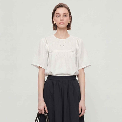 Embroidered Hollow-Out Linen Shirt For Women