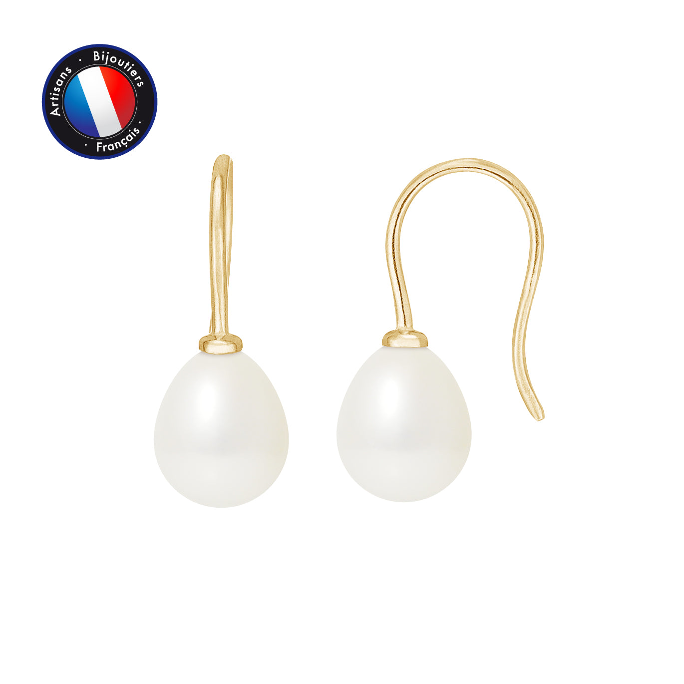 PERLINEA- Boucle d'Oreilles - Perles de Culture d'Eau Douce- Diamètre 7-8 mm Blanc- Bijou Femme- OrJaune
