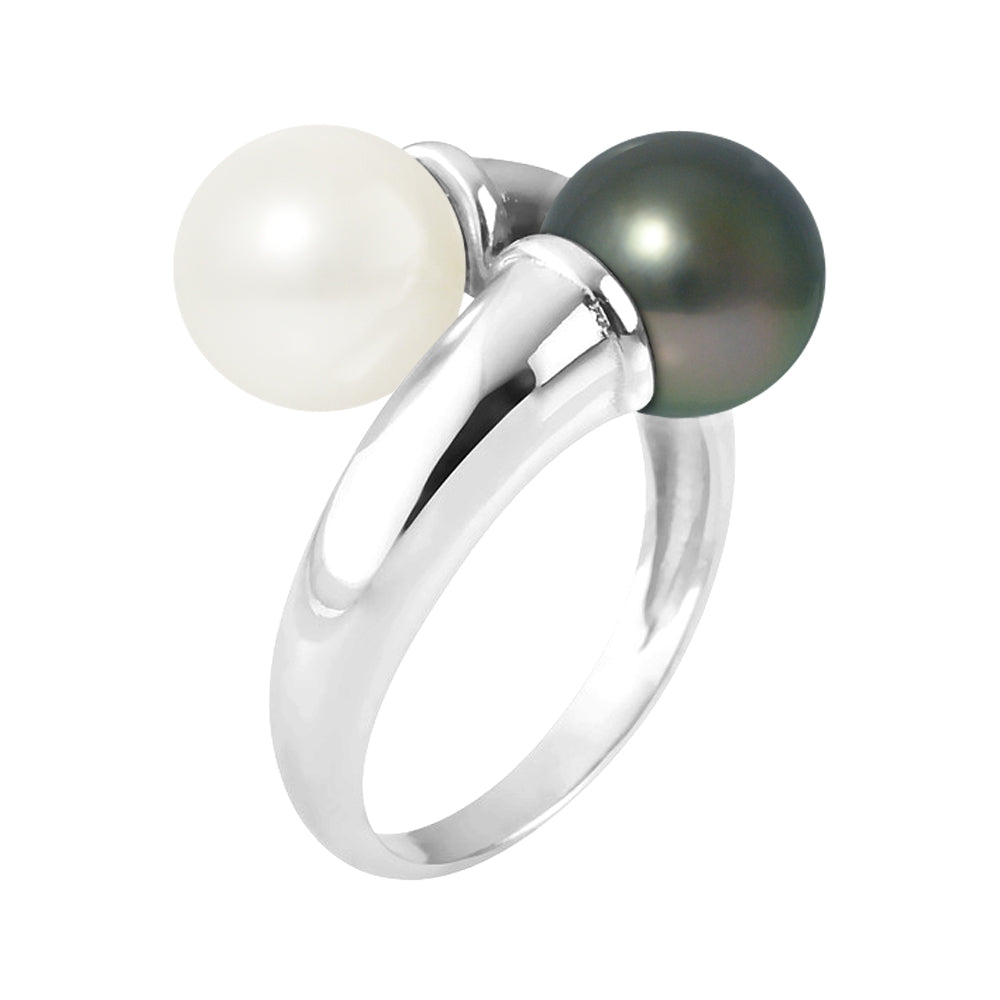 PERLINEA- Bague- Perles de Culture d'Eau Douce et de Tahiti- Ronde Diamètre 8-9 mm Rose & Tahiti- Taille 48 (EU)- Bijou Femme- Argent 925 Millièmes