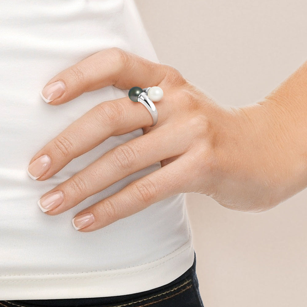 PERLINEA- Bague- Perles de Culture d'Eau Douce et de Tahiti- Ronde Diamètre 8-9 mm Rose & Tahiti- Taille 48 (EU)- Bijou Femme- Argent 925 Millièmes