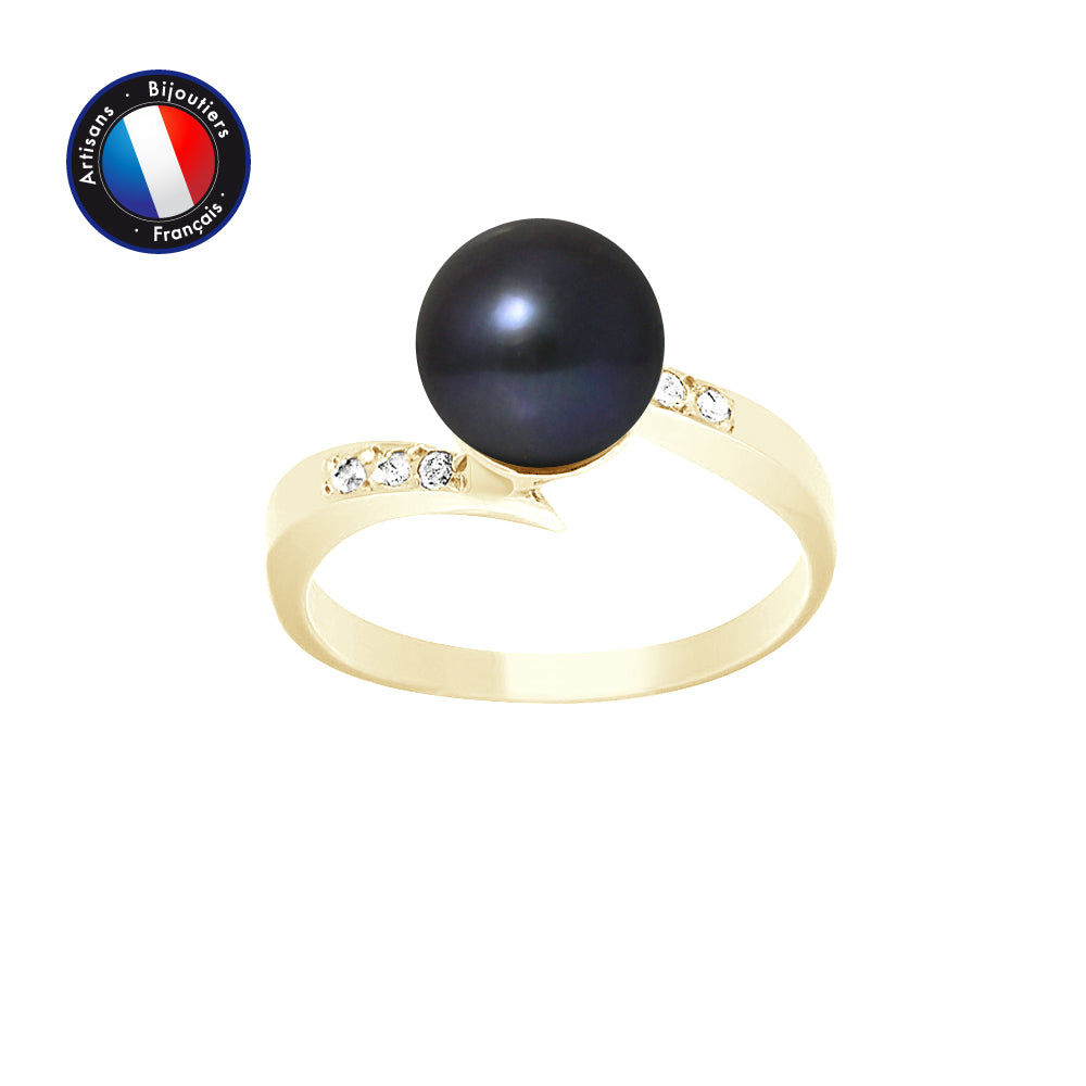 PERLINEA- Bague- Perles de Culture d'Eau Douce- Ronde Diamètre 8-9 mm Black Tahiti- Taille 48 (EU)- Bijou Femme- OrJaune- Dimants
