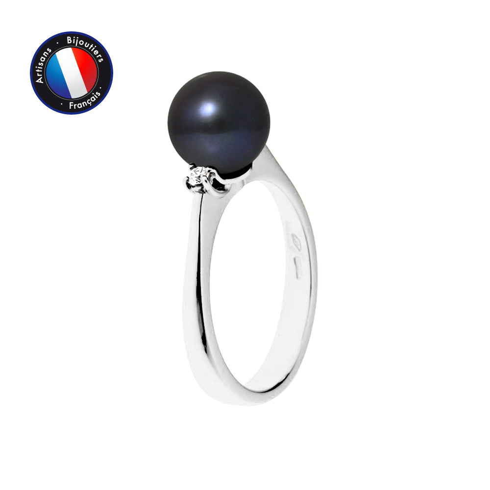 PERLINEA- Bague- Perles de Culture d'Eau Douce- Ronde Diamètre 8-9 mm Black Tahiti- Taille 48 (EU)- Bijou Femme- Or Blanc- Dimants