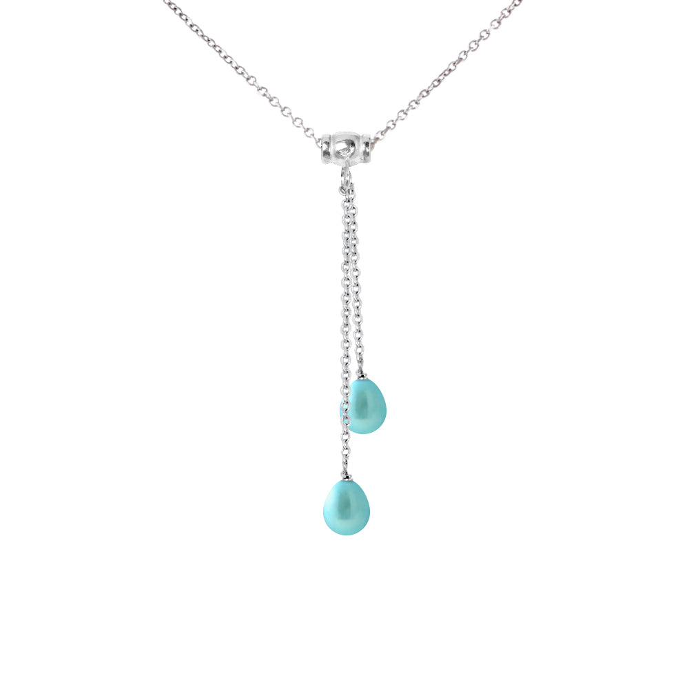 PERLINEA- Collier Toi & Moi 2 Perles de Culture d'Eau Douce- Diamètre 7-8 mm Bleu Turquoise- Bijou Femme- Argent 925 Millièmes