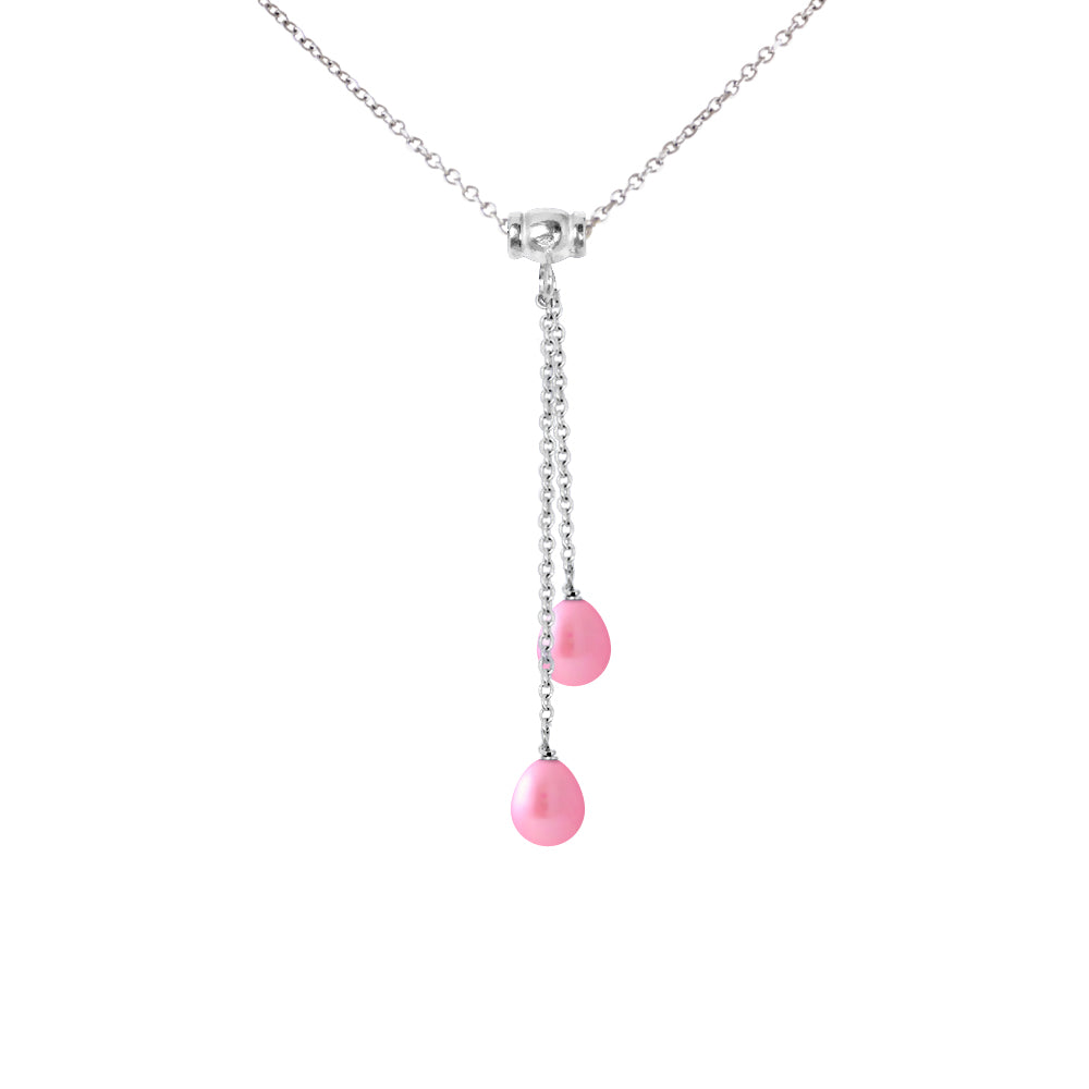 PERLINEA- Collier Toi & Moi 2 Perles de Culture d'Eau Douce- Diamètre 7-8 mm  Rose Fushia- Bijou Femme- Argent 925 Millièmes