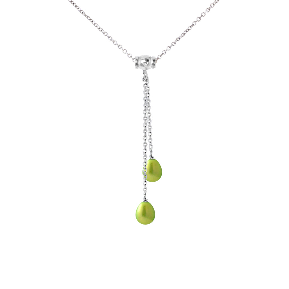 PERLINEA- Collier Toi & Moi 2 Perles de Culture d'Eau Douce- Diamètre 7-8 mm  Vert Tonic- Bijou Femme- Argent 925 Millièmes