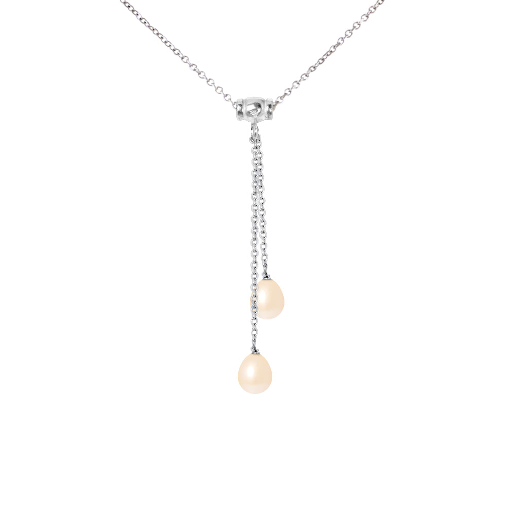PERLINEA- Collier Toi & Moi 2 Perles de Culture d'Eau Douce- Diamètre 7-8 mm Rose Naturel- Bijou Femme- Argent 925 Millièmes