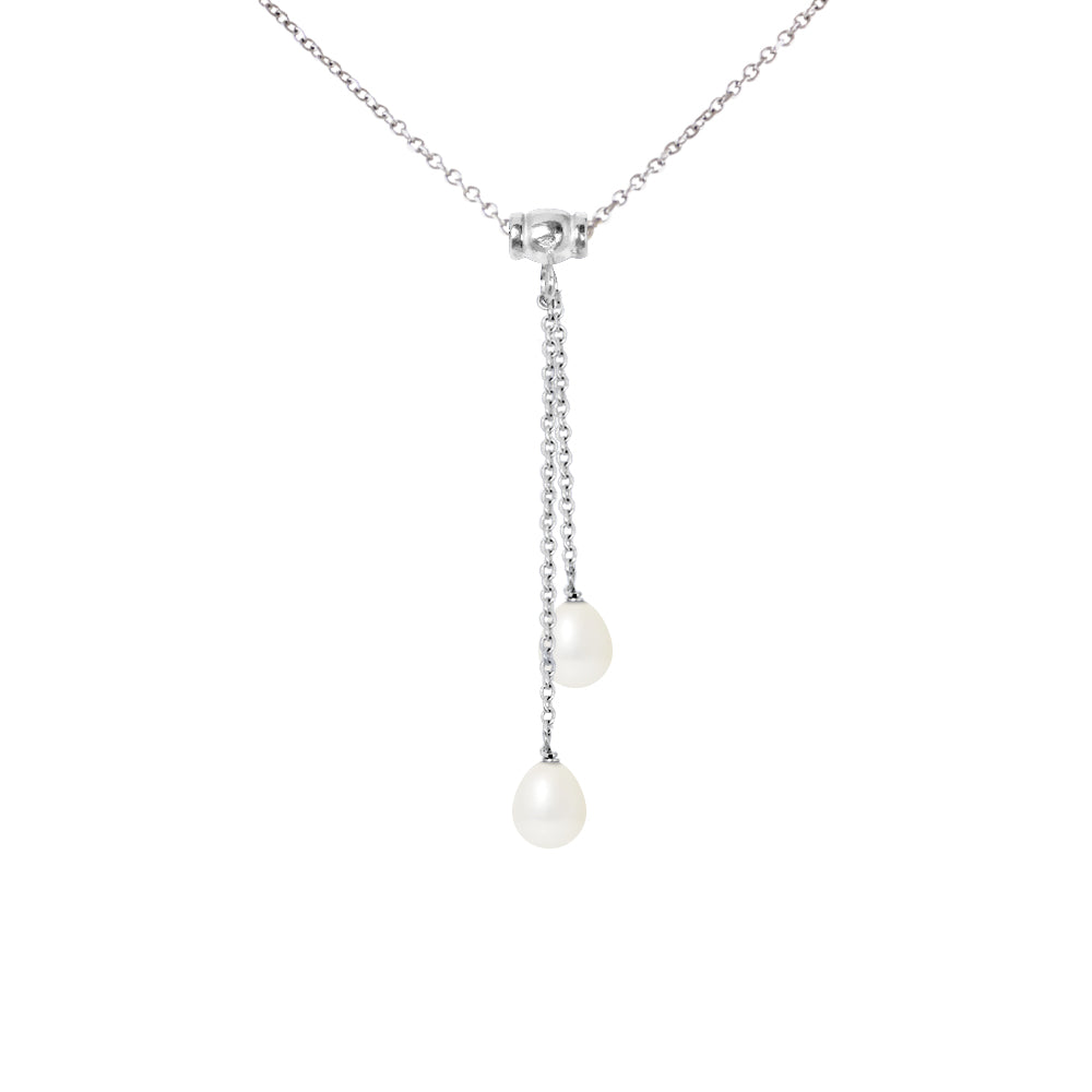 PERLINEA- Collier Toi & Moi 2 Perles de Culture d'Eau Douce- Diamètre 7-8 mm  Blanc Naturel- Bijou Femme- Argent 925 Millièmes