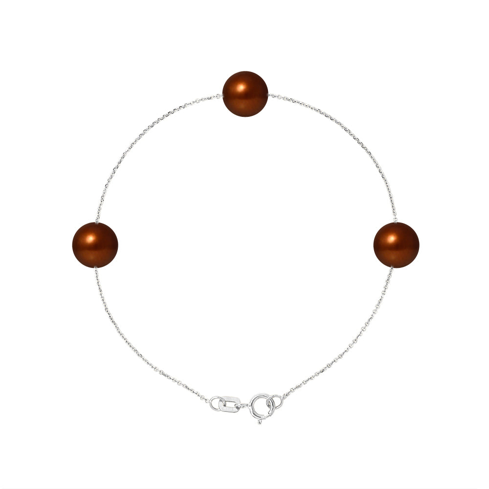 PERLINEA- Bracelet 3 Perles de Culture d'Eau Douce- Diamètre 7-8 mm Chocolat- Bijou Femme- Argent 925 Millièmes