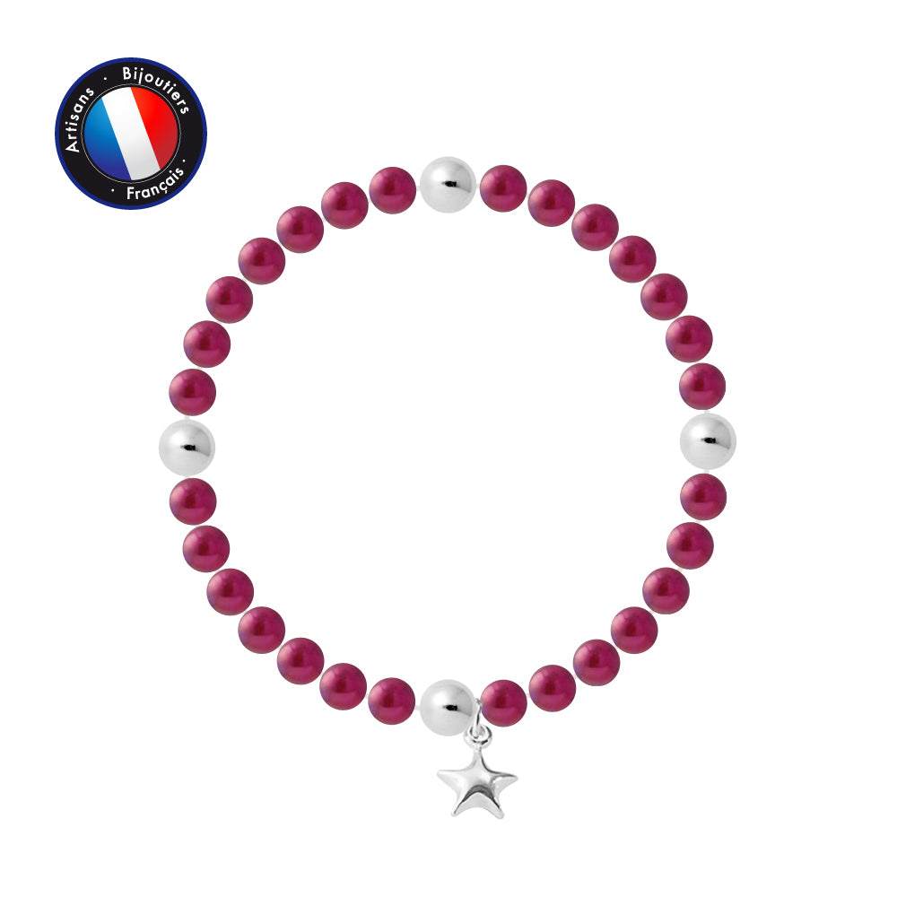 PERLINEA- Bracelet Porte Bonheur- Perle d'Eau Douce- Ronde 5-6 mm Rouge Cerise- Bijou Femme
