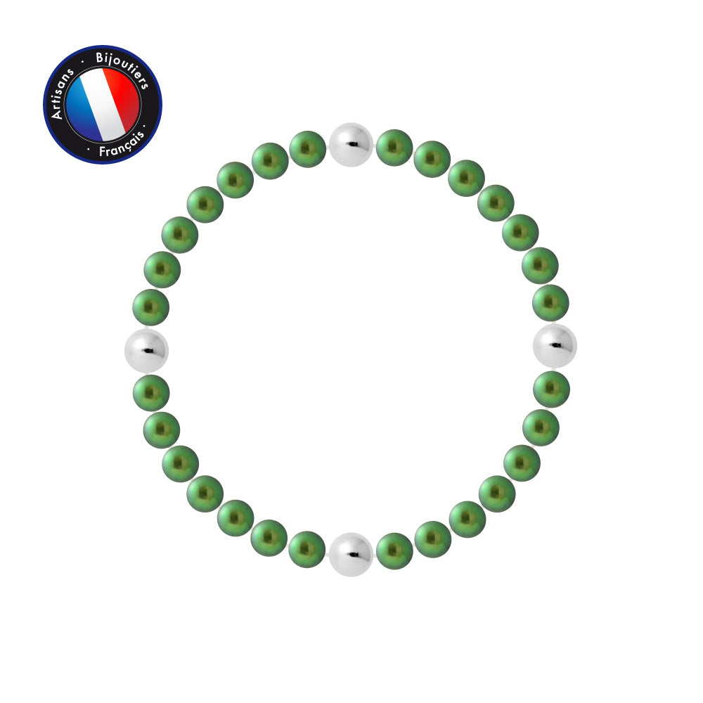 PERLINEA- Bracelet Porte Bonheur- Perle d'Eau Douce- Ronde 5-6 mm Vert Intense- Bijou Femme