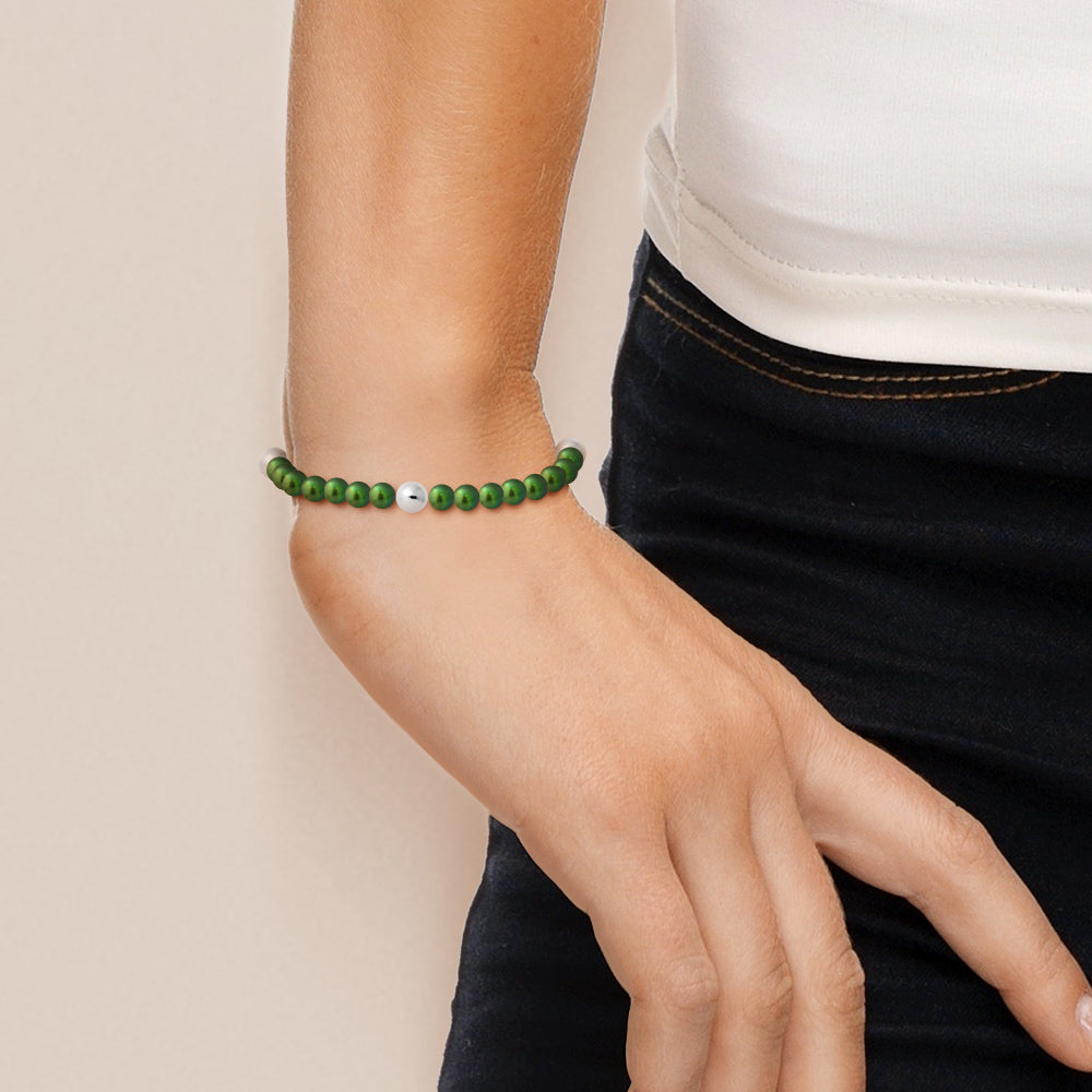 PERLINEA- Bracelet Porte Bonheur- Perle d'Eau Douce- Ronde 5-6 mm Vert Intense- Bijou Femme