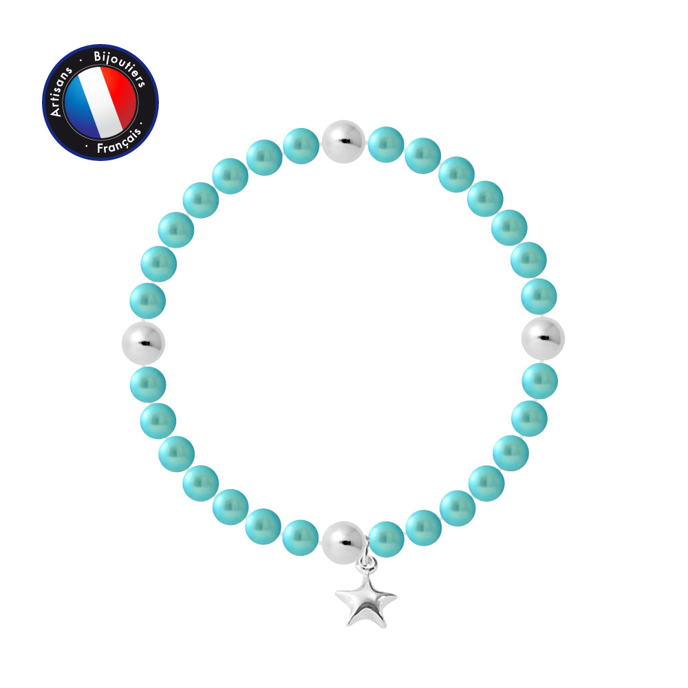 PERLINEA- Bracelet Porte Bonheur- Perle d'Eau Douce- Ronde 5-6 mm Bleu Turquoise- Bijou Femme