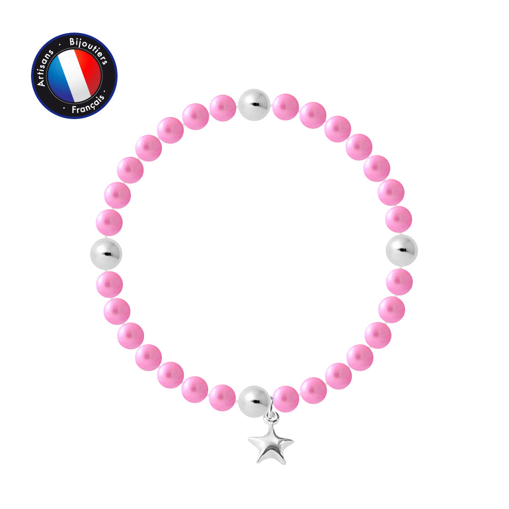 PERLINEA- Bracelet Porte Bonheur- Perle d'Eau Douce- Ronde 5-6 mm Rose Fushia- Bijou Femme