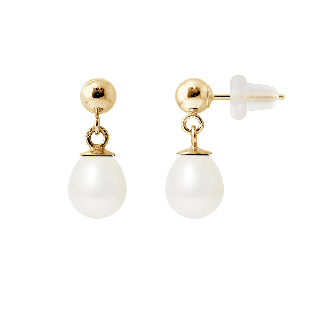 PERLINEA- Boucle d'Oreilles- Perles de Culture d'Eau Douce- Poire Diamètre 6-7  mm Blanc- Bijou Femme- OrJaune