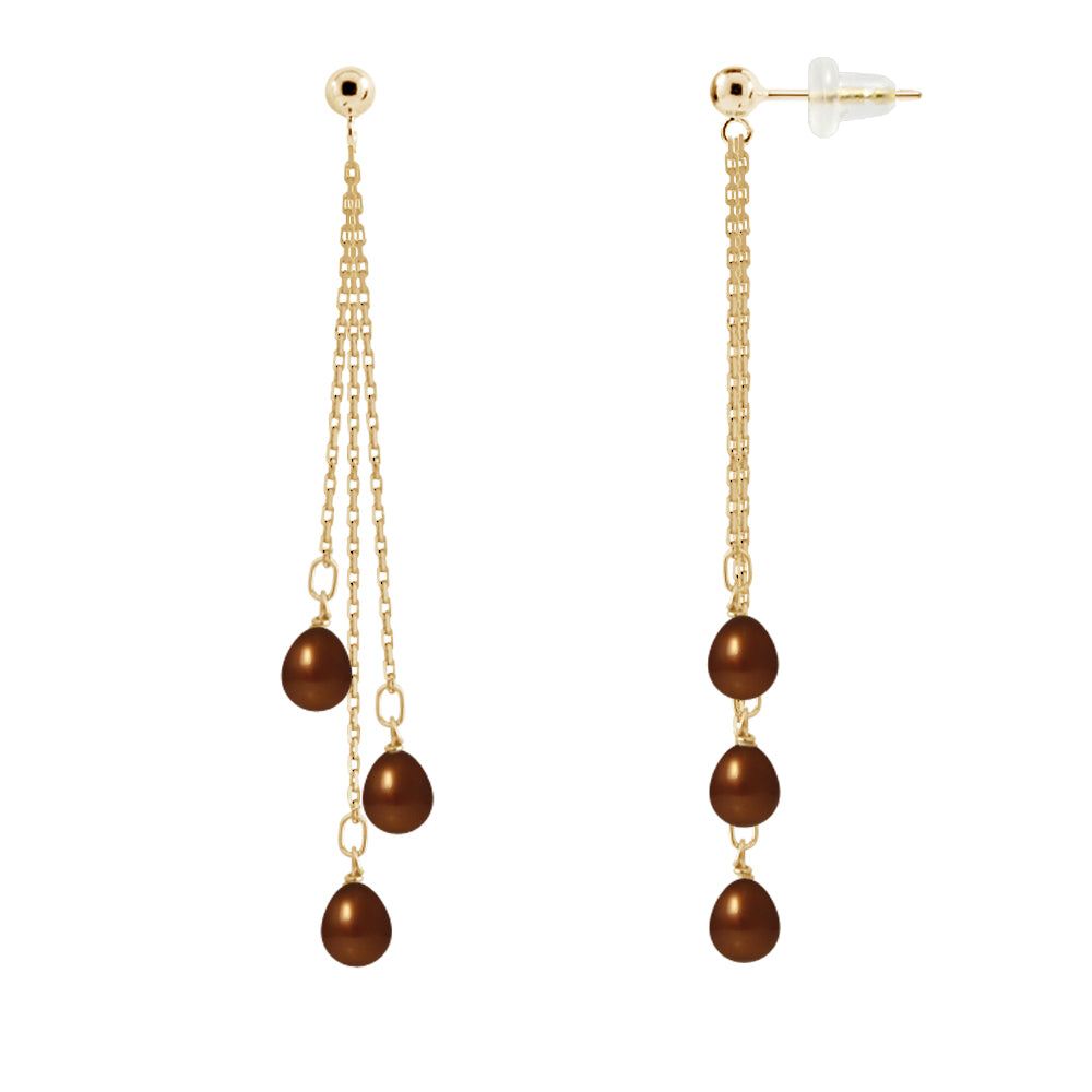 PERLINEA- Boucle d'Oreilles- Perles de Culture d'Eau Douce- Poire Diamètre 5-6 mm Chocolat- Bijou Femme- OrJaune