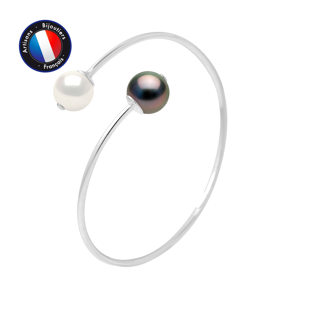 PERLINEA- BraceletJonc Toi & Moi- 1 Perle de Culture de Tahiti et 1 Perle d'Eau Douce Blanche- Ronde 10-11 mm- Bijou Femme- Argent 925 Millièmes