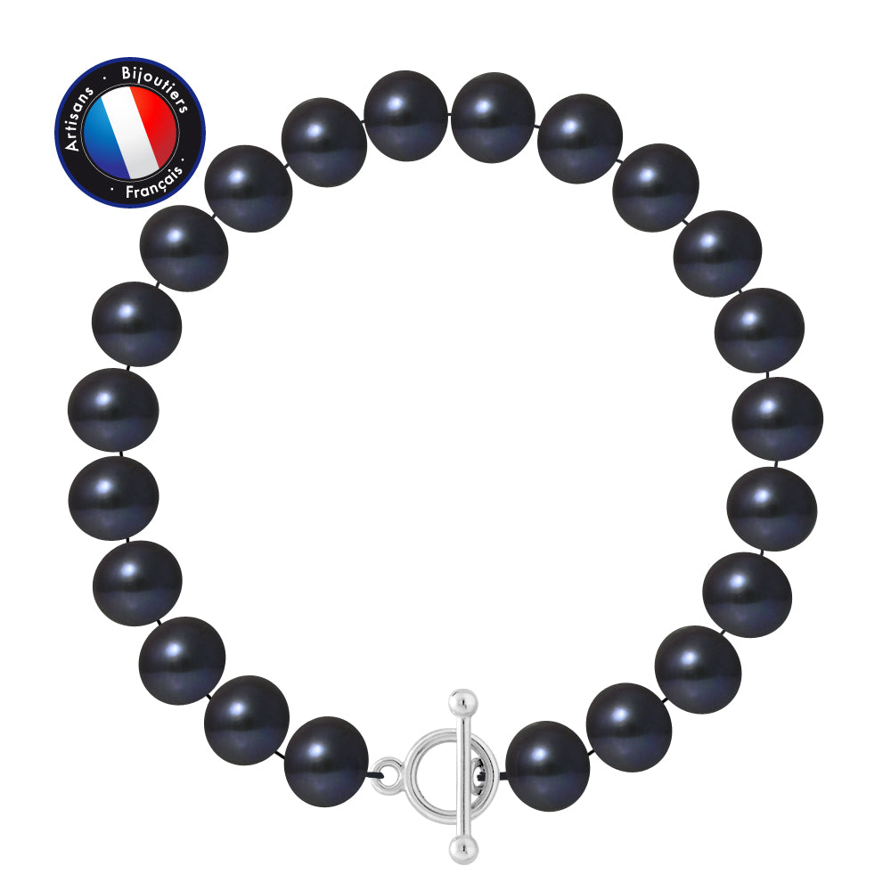 PERLINEA- Bracelet- Perles de Culture d'Eau Douce- Semi Ronde 9-10 mm Black Tahiti- Bijou Femme- Argent 925 Millièmes