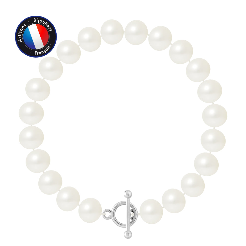PERLINEA- Bracelet- Perles de Culture d'Eau Douce- Semi Ronde 9-10 mm Blanc- Bijou Femme- Argent 925 Millièmes
