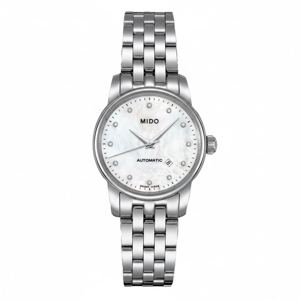 Montre Femme Mido – Automatique, Acier Inoxydable Gris, Cadran Blanc, Verre Saphir