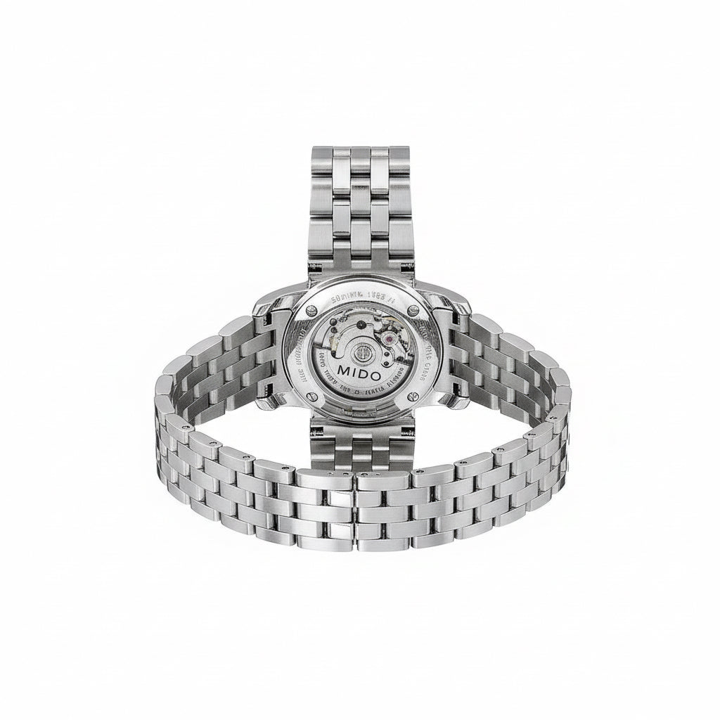 Montre Femme Mido – Automatique, Acier Inoxydable Gris, Cadran Blanc, Verre Saphir