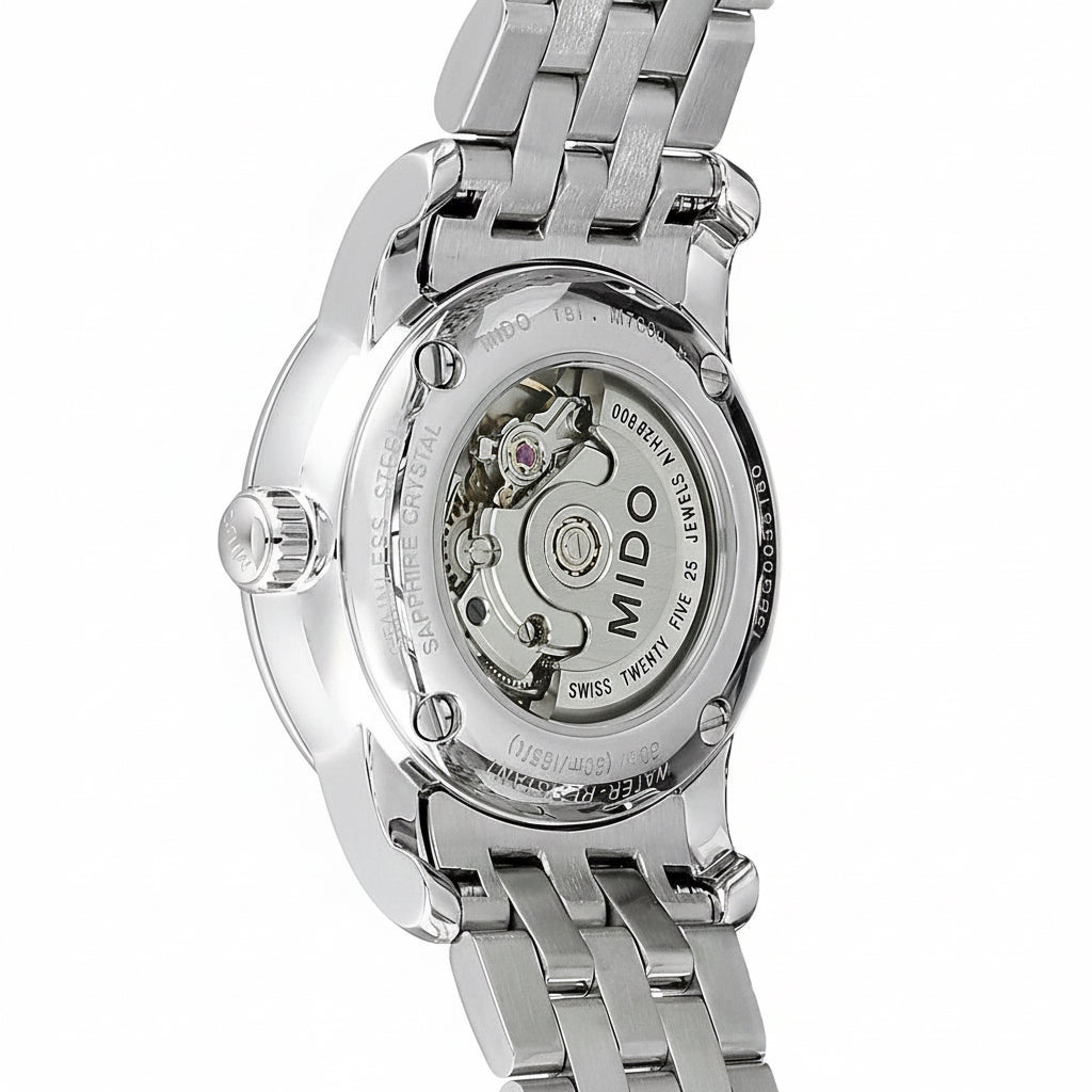 Montre Femme Mido – Automatique, Acier Inoxydable Gris, Cadran Blanc, Verre Saphir