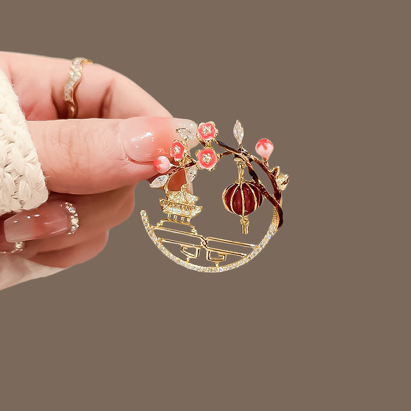 Chinese-style Red Plum Blossom Pavilion Ancient Tower Lantern Brooch
