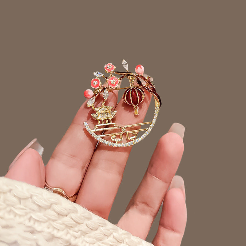 Chinese-style Red Plum Blossom Pavilion Ancient Tower Lantern Brooch