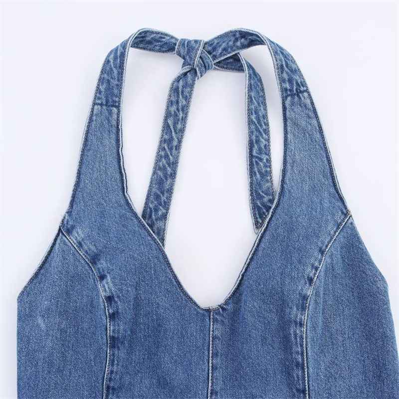 Robe Courte Effet Denim à Nouer – Encolure Américaine & Décolleté V