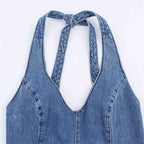 Robe Courte Effet Denim à Nouer – Encolure Américaine & Décolleté V