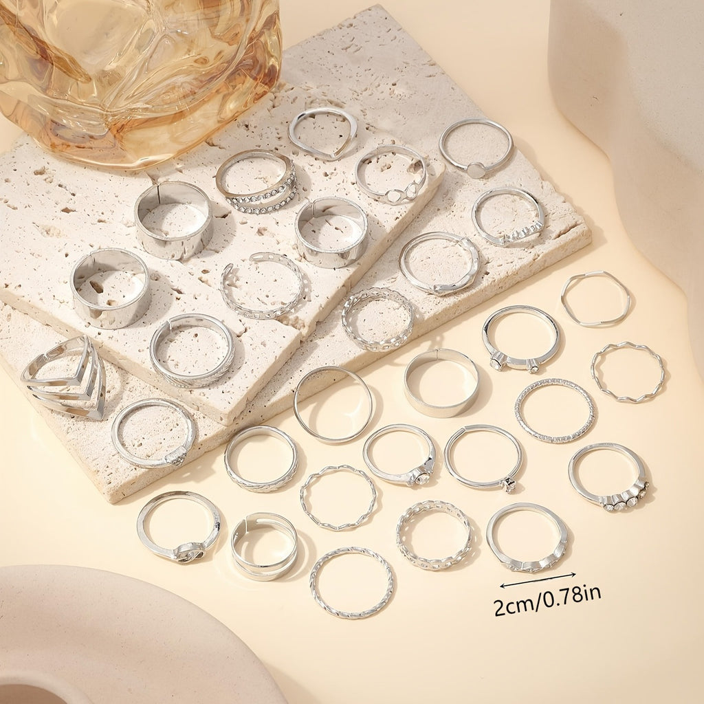 30Pcs Women's Punk Vintage Stackable Ring Set, Casual Geometric Wave Heart Shapes, Inlaid Faux Diamond & Pearl, Versatile For Daily Vacation Party Wedding, Perfect Valentine's Day Gift For Her