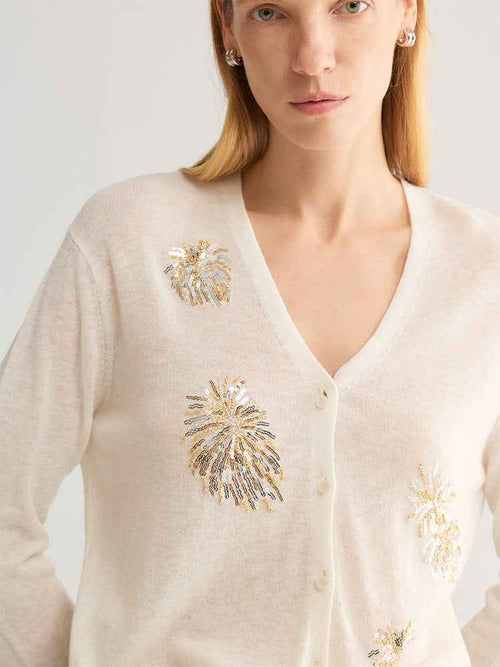Sequin Firework Embellished Basolan Wool V-Neck Cardigan