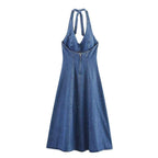 Robe Courte Effet Denim à Nouer – Encolure Américaine & Décolleté V