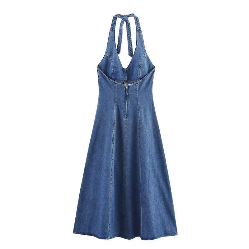 Robe Courte Effet Denim à Nouer – Encolure Américaine & Décolleté V