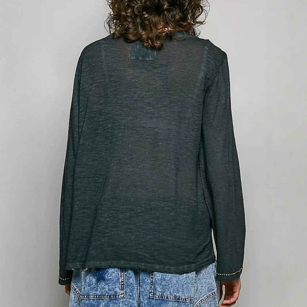 Vintage V-neck Distressed Long-sleeve Top
