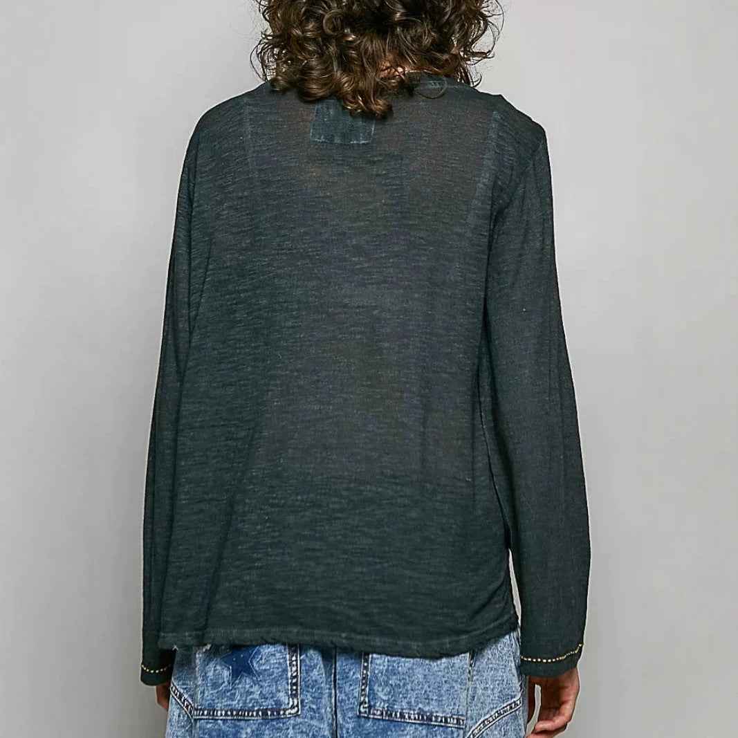Vintage V-neck Distressed Long-sleeve Top