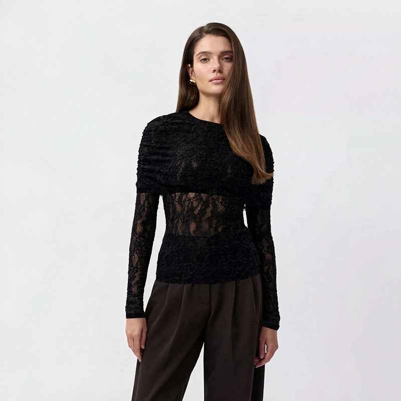 Top en Dentelle Transparente avec Boléro Drapé Intégré