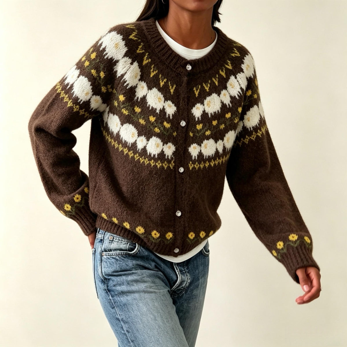 Cardigan en Maille Jacquard à Boutons