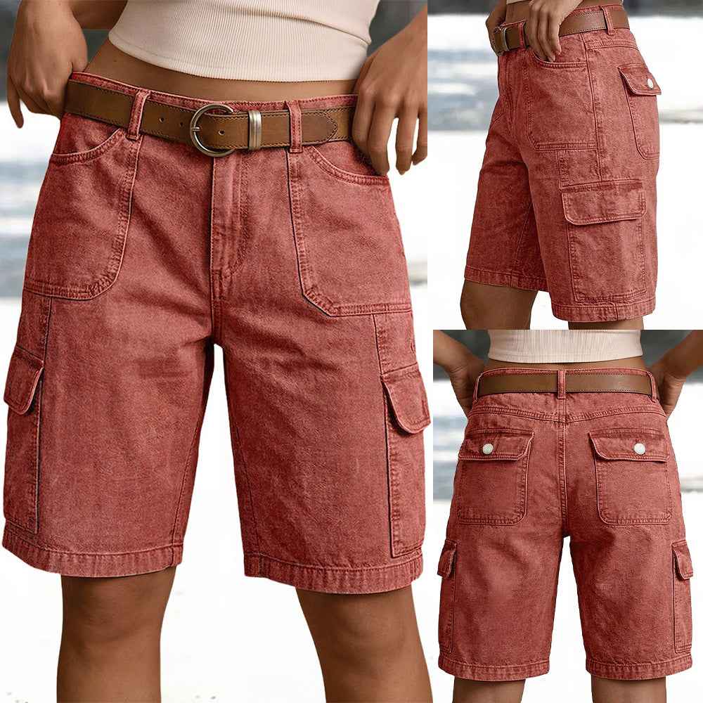 Short Cargo Denim Rouge Vintage Femme – Taille Haute & Poches Multiples