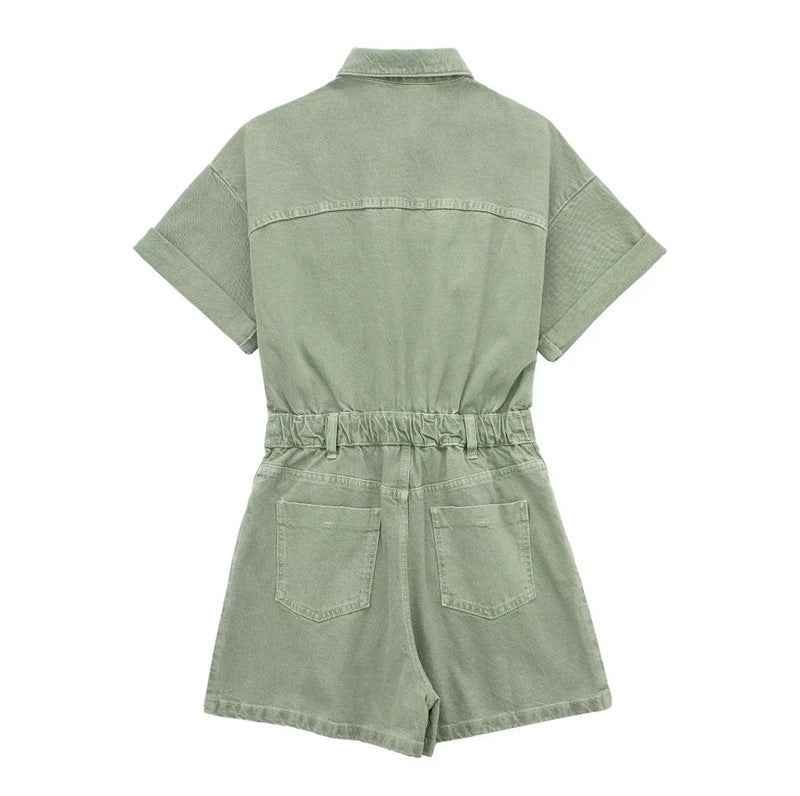 Salopette Short en Denim à Poches Cargo
