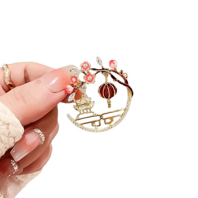 Chinese-style Red Plum Blossom Pavilion Ancient Tower Lantern Brooch