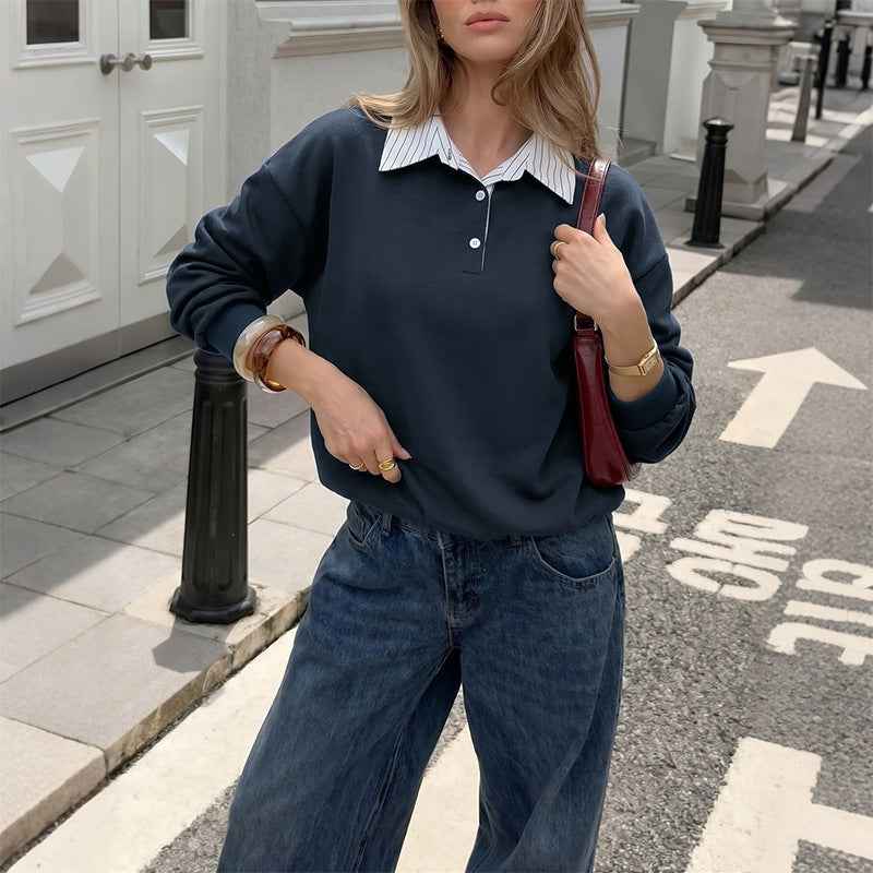 Fake Two-piece Spliced Polo-collar Sweatshirt