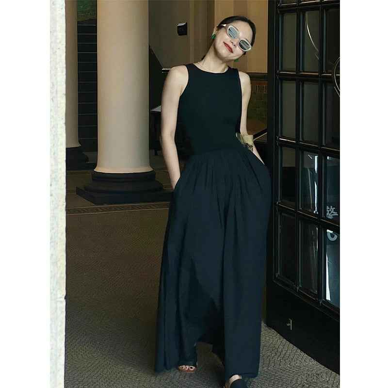 Black And White Two-color Casual Round Neck Stitch Stitching Vest Dress