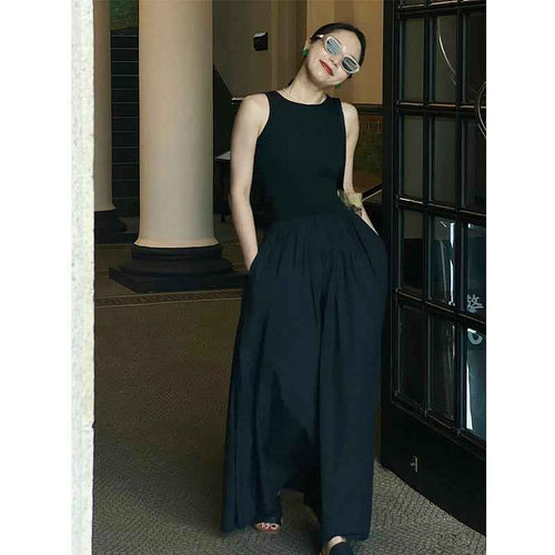 Black And White Two-color Casual Round Neck Stitch Stitching Vest Dress